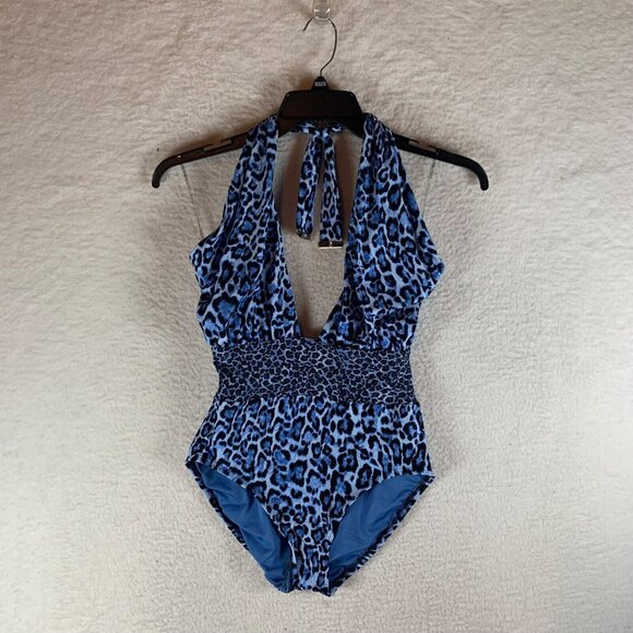 Michael Kors Women's Blue Cutout Cross Front Halter One Piece Swimsuit Sz 10 NWT - Picture 1 of 7